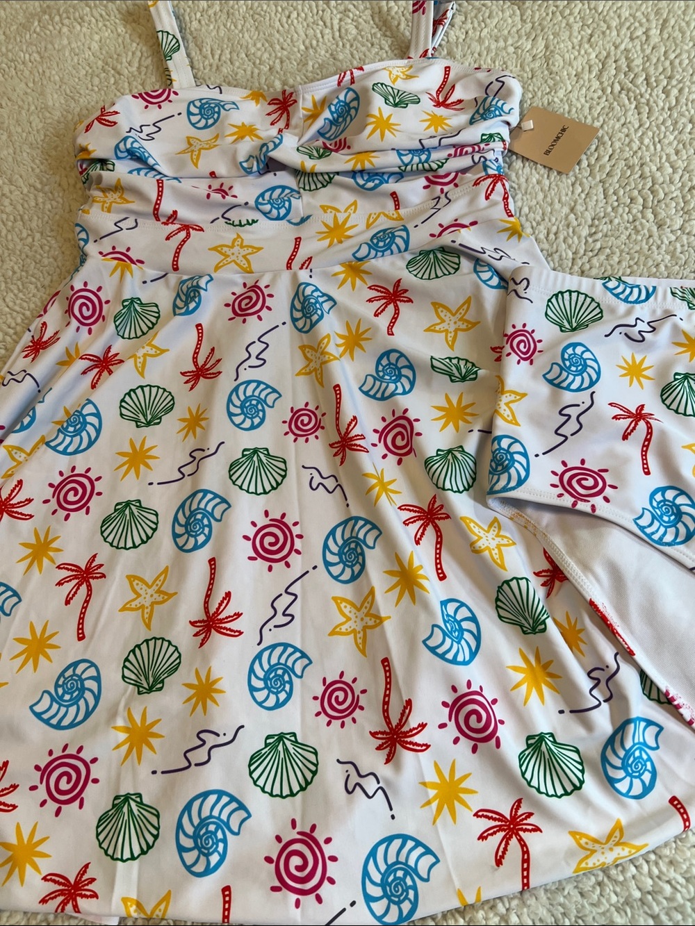 BloomChic White Swim Dress with Multicolor Beach Motif